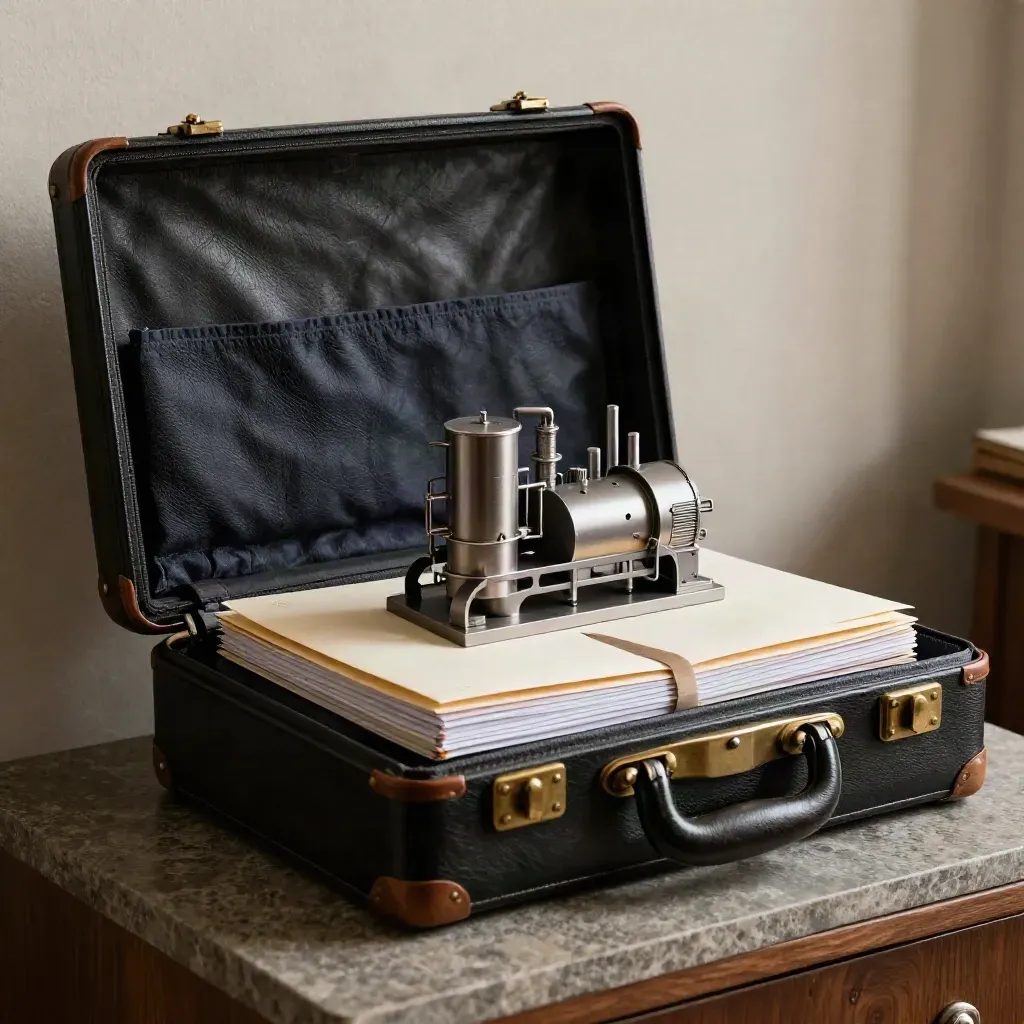 Leather case, industrial model and sealed envelopes in a dramatic capital-raising still life.