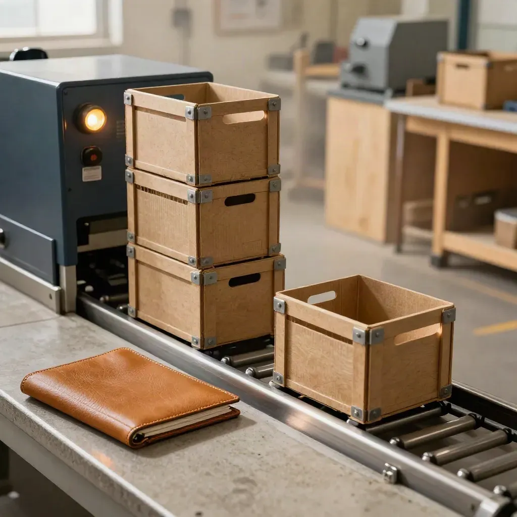 Macro of inventory crates, glowing control light and closed leather folio in a clean industrial workspace.