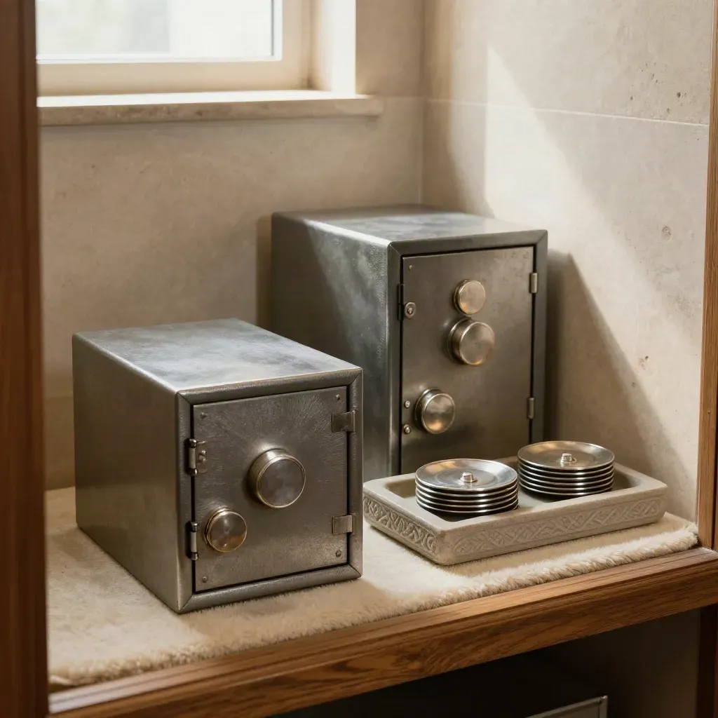 Safe-deposit boxes and metal disks on a stone tray in a warm, quiet vault interior.