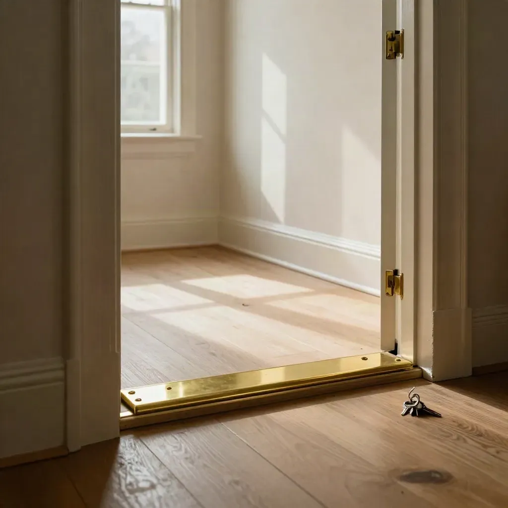Open townhouse doorway with brass threshold, keys in lock, and bright empty room beyond