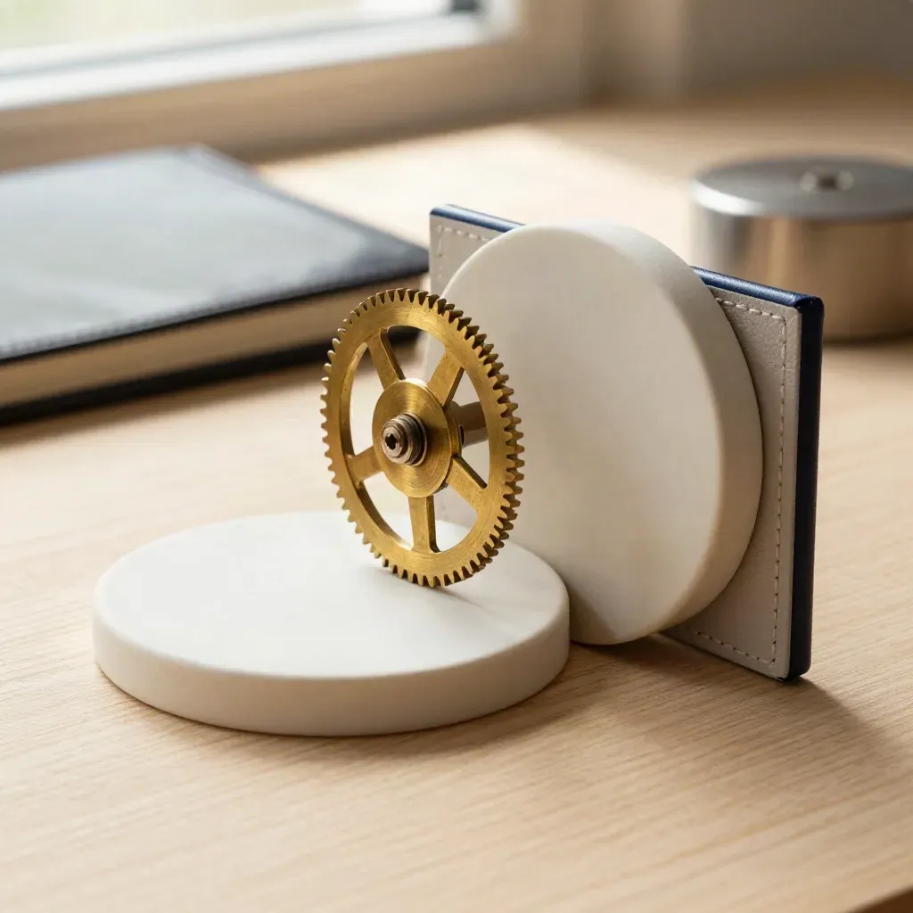 Macro still life of ceramic disks and a brass timing wheel on pale ash wood.