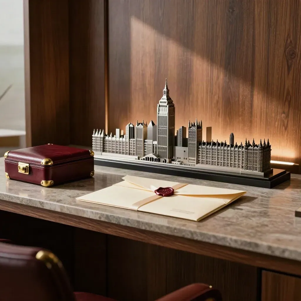 Luxury executive study with leather cases, sealed packet and London skyline model on a stone shelf.