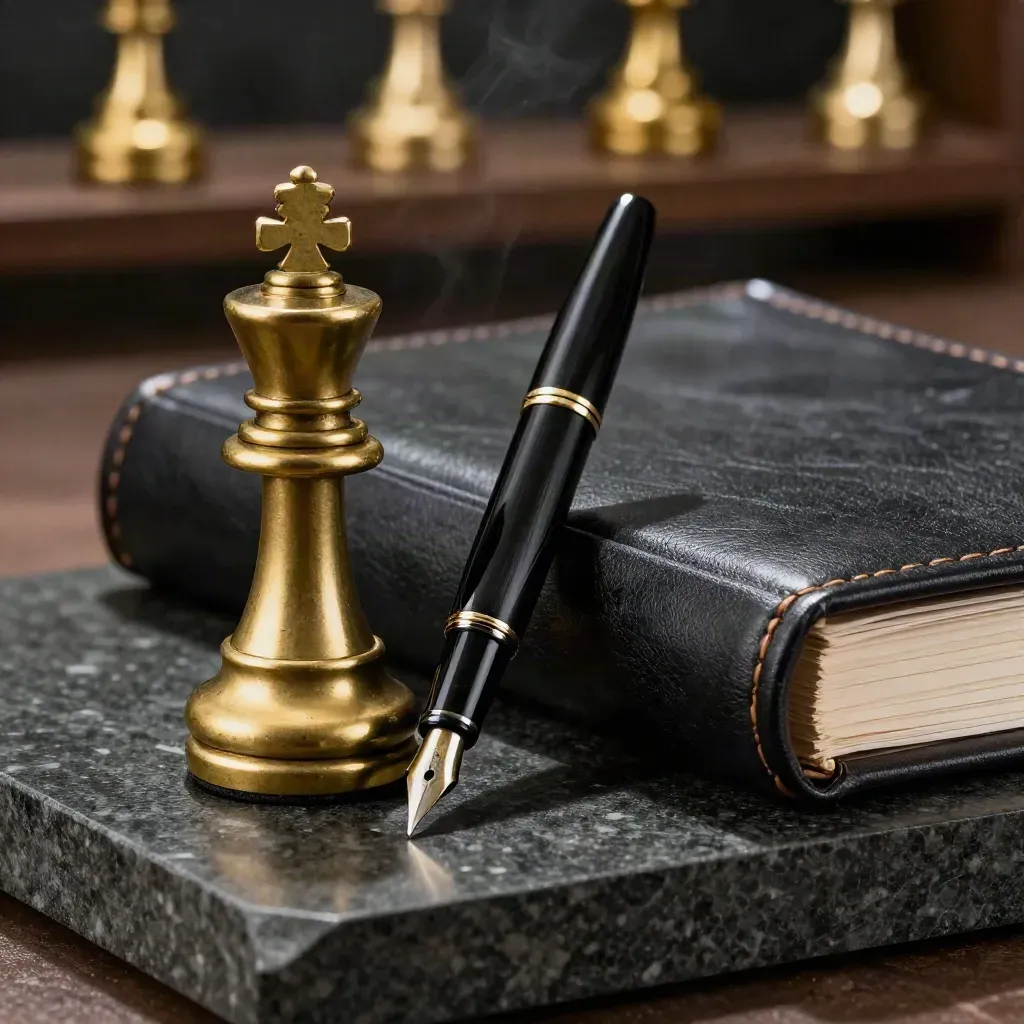 Brass chess king, fountain pen and ledger block on dark stone in dramatic finance still life.