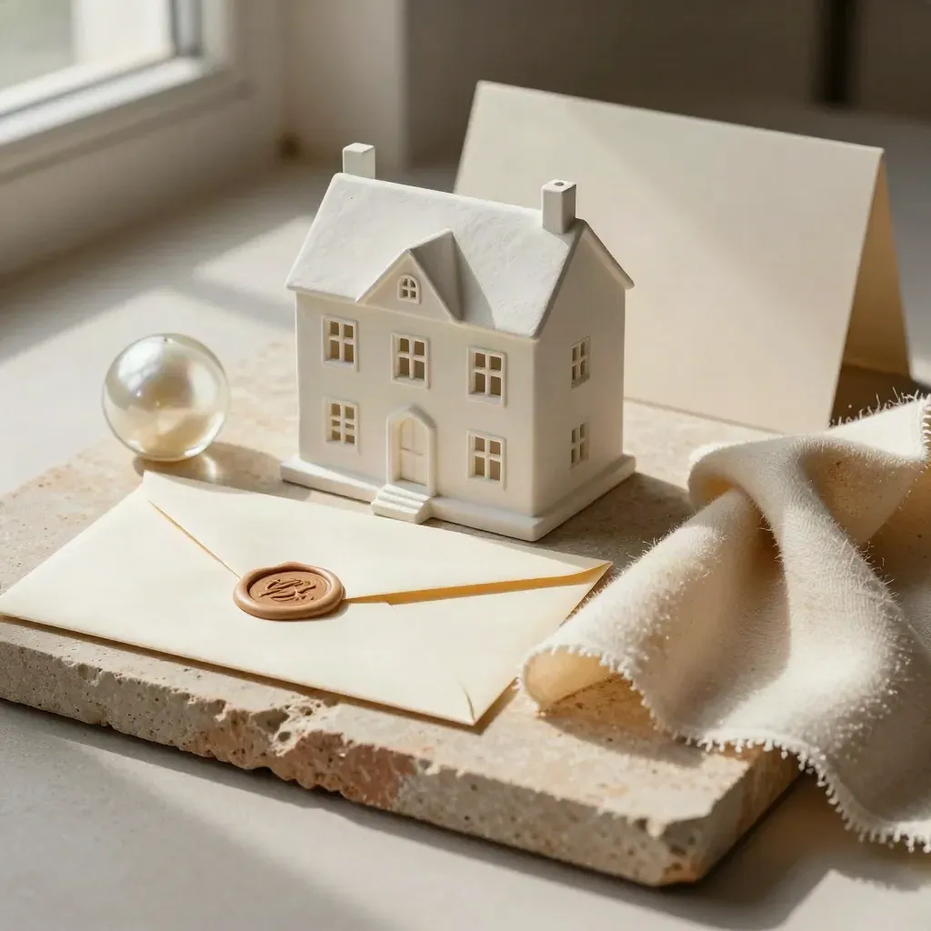 House model, cream envelope, pearl paperweight and cashmere swatch on terracotta stone.