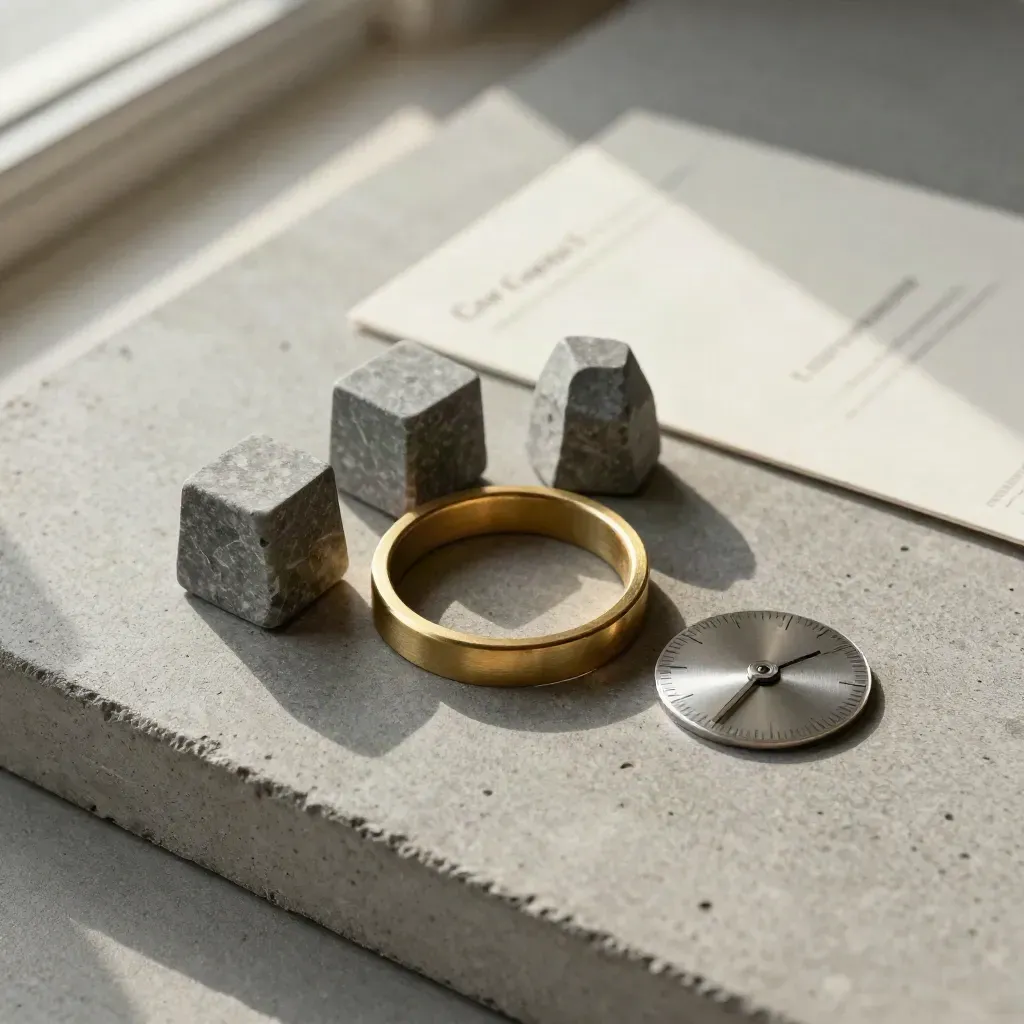 Brass ring, stone markers, and dial paperweight on concrete in a finance still life.