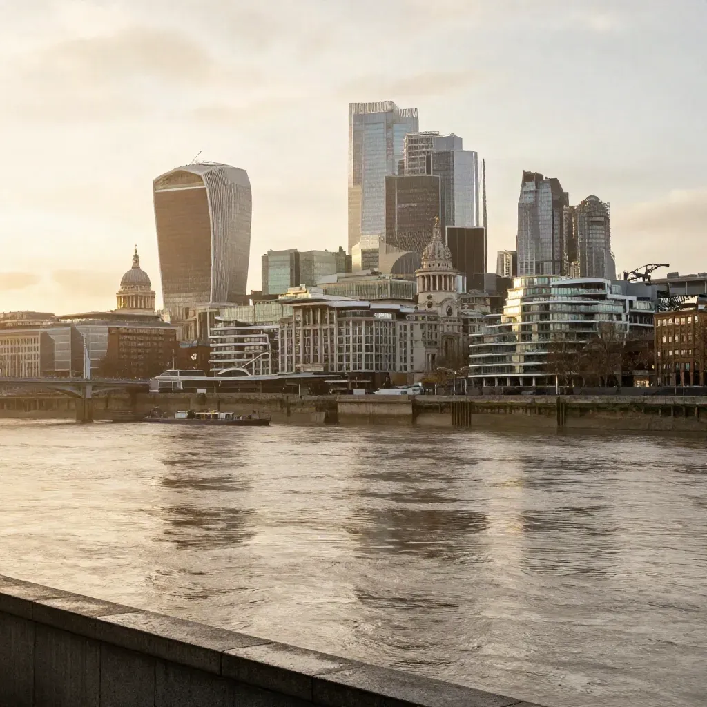 London skyline over the Thames in golden haze, calm river below and towers high above.
