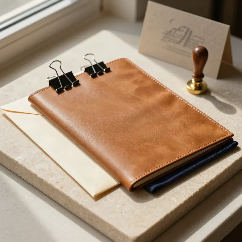 Overhead of sealed envelopes, binder clips, wax seal stamp and leather folio on a limestone tray