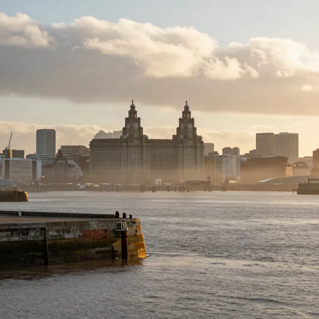 Liverpool waterfront silhouettes high above a calm hazy Mersey, with clearing sky and golden harbour light.