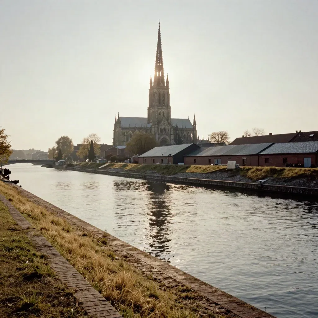 Cathedral spire over a hazy canal and green park at golden hour.